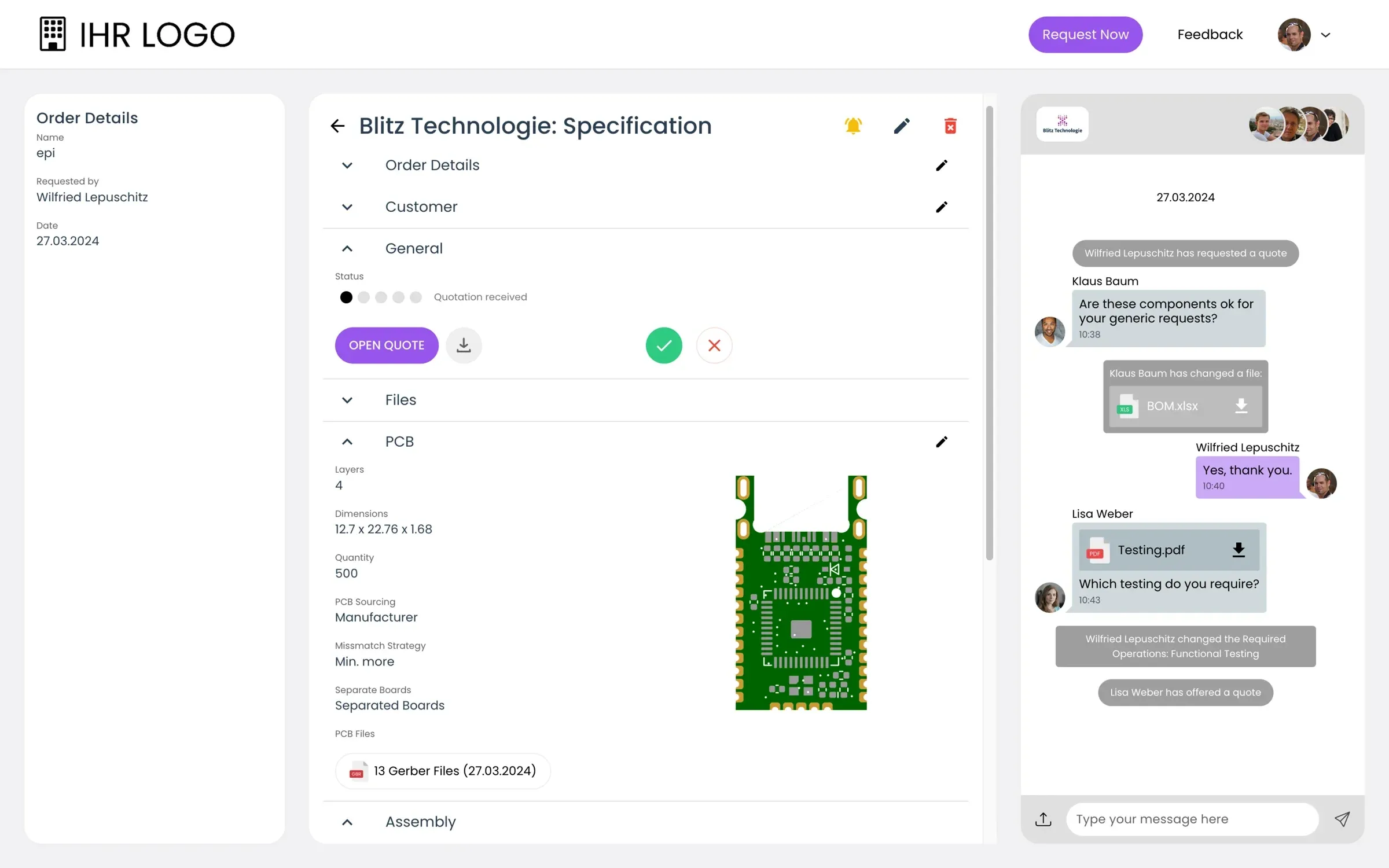 Screenshot of the bee produced collaboration tool, which electronics manufacturers can use to exchange information with their customers on the details of the requested PCB assembly. 