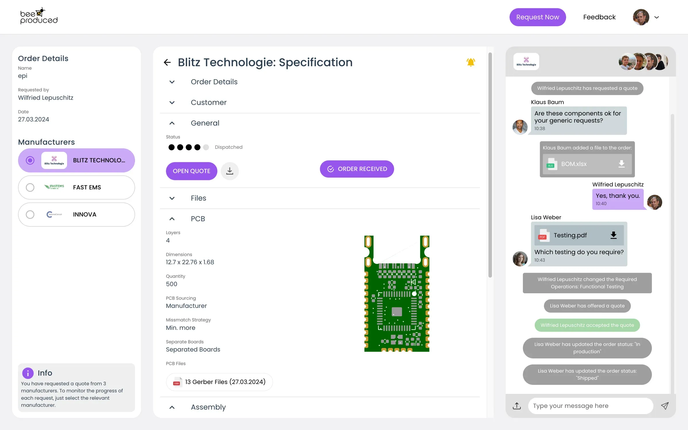 A screenshot of the bee produced collaboration tool, which electronics developers can use to talk to electronics manufacturers about the details of assembling their PCBs. 
