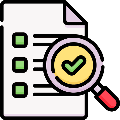 Icon representing a magnifying glass over a checklist.